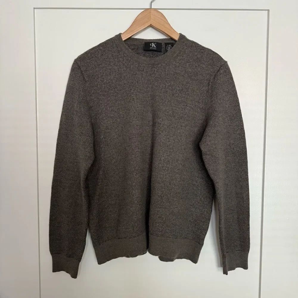 Calvin Klein Italian Yarn Sweater Womens Sz L Brown Crewneck Merino Wool Blend
